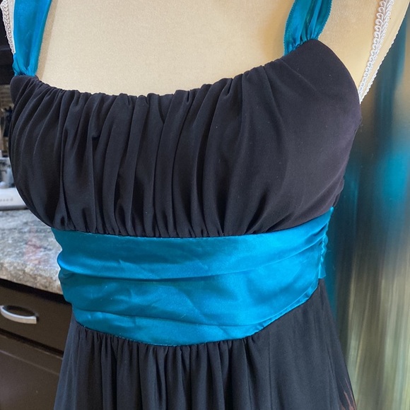 Love Tease Slip Dress in Black & Teal with a Tribal Like print on bottom. Size M - Picture 2 of 10